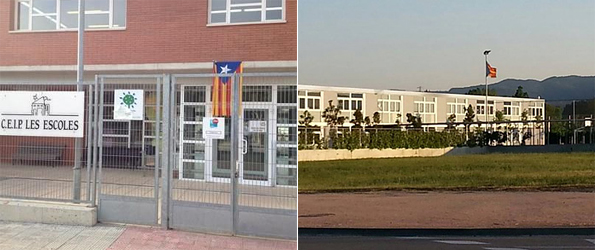 Imágenes de los colegios La Sinia, de Vic (Barcelona), y el CEIP Les Escoles, de Gurb (Barcelona) con banderas 'esteladas' en su interior (fotos: Ciudadanos).