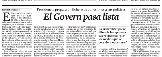 La noticia del registro de 'buenos catalanes' de la Generalidad, según 'La Vanguardia'.