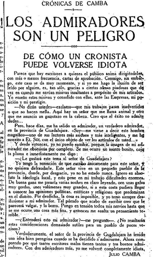 Julio Camba, 'Los admiradores son un peligro', 'El Sol', 14 de marzo de 1919.