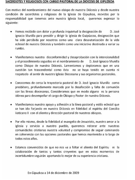 Manifiesto de religiosos de Guipúzcoa contra Munilla