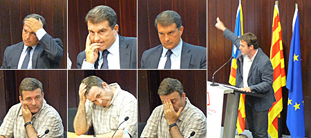 Joan Laporta, Alfons López Tena y Uriel Bertran durante un acto en la Universidad de Barcelona.