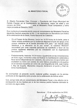 Escrito del PP de Barcelona, presentado ante la Fiscalía de la Audiencia Nacional.