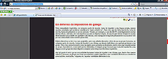 Artículo 'en defensa de la imposición del gallego' colgado en una web gestionada por un dirigente de la Coordinadora de ENDL (foto: Galicia Bilingüe).