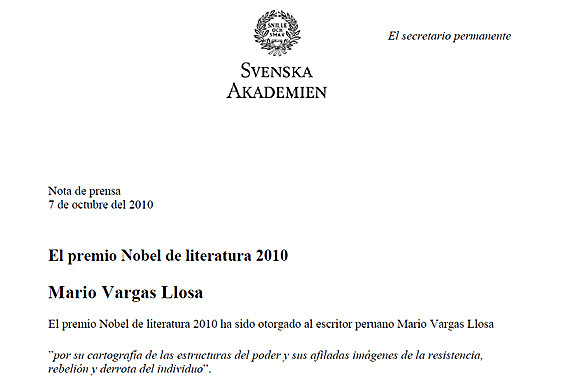 Nota de prensa de la Academia Sueca en la que se anuncia la concesión del Premio Nobel de Literatura 2010 a Mario Vargas Llosa.