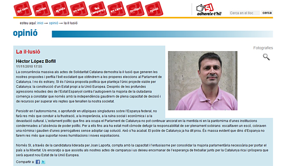 Artículo de López Bofill, publicado en la web de Solidaritat Catalana.