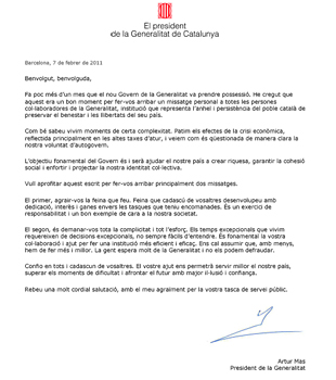 Carta de Artur Mas (CiU), presidente autonómico, a los funcionarios pidiéndoles más trabajo y más esfuerzo por menos.
