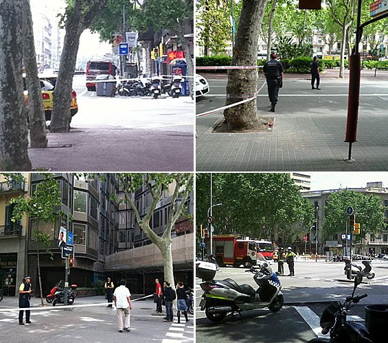 Imágentes del autobús y de la zona acordonada (fotos: Twitter de enriccompany, maivik y jorull).