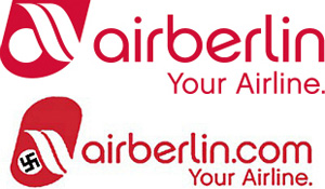 Comparación del logo de la empresa Air Berlin, el original (arriba) y el modificado y publicado por Puig en su blog (abajo), con la esvástica nazi en su interior.