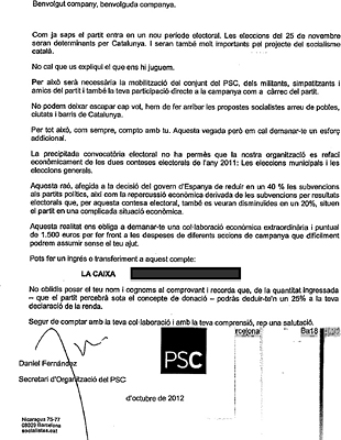 Carta enviada por el secretario de Organización del PSC a los congresistas del partido para que colaboren en la financiación de la campaña electoral (fuente: 'El Diario').