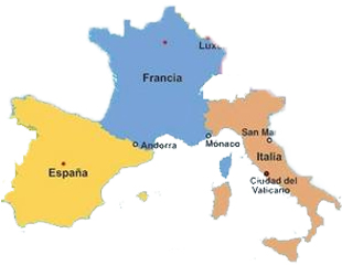 España, Francia e Italia, lo que para Kojève debería ser el 'Imperio latino' (mapa modificado de adimapas.com).