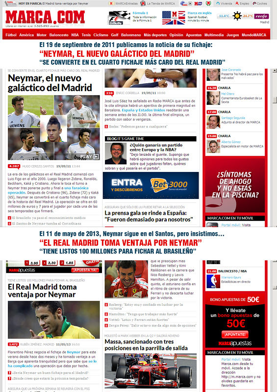 Arriba, el diario 'Marca' el 19 de septiembre de 2011; abajo, el mismo diario, el 11 de mayo de 2013.