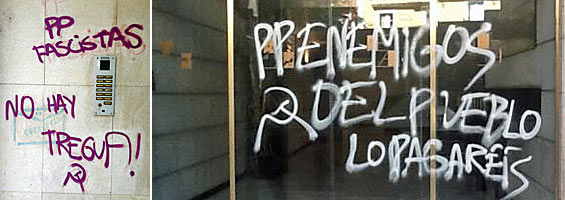 Pintadas amenazantes realizadas en la sede del PP de Lérida en los últimos meses (fotos: PP).
