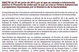 Edicto autonómico en el que anuncia la futura creación del fichero de 'adhesiones a propuestas impulsadas por el Gobierno de la Generalidad'.