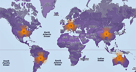 Distribución por continentes de las universidades de fuera de Cataluña que tienen 'estudios de lengua y cultura catalanas' (mapa: Instituto Ramon Llull).